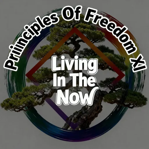 Prompt: Logo with Principles Of Freedom XI in bold black letters outlined in white arched outside the logo at the top and Living In The Now in bold black letters outlined in white in the middle of the logo.