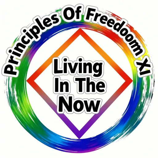 Prompt: Logo with Principles Of Freedom XI in bold black letters outlined in white arched outside the logo at the top and Living In The Now in bold black letters outlined in white in the middle of the logo.