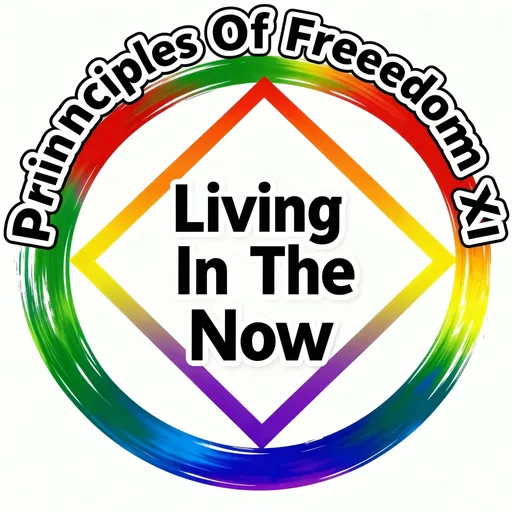 Prompt: Logo with Principles Of Freedom XI in bold black letters outlined in white arched outside the logo at the top and Living In The Now in bold black letters outlined in white in the middle of the logo.