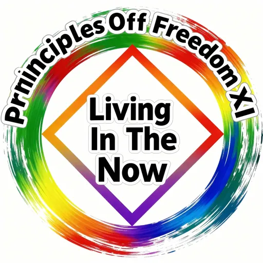 Prompt: Logo with Principles Of Freedom XI in bold black letters outlined in white arched outside the logo at the top and Living In The Now in bold black letters outlined in white in the middle of the logo.
