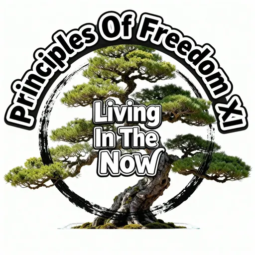 Prompt: Logo with Principles Of Freedom XI in bold black letters outlined in white arched outside the logo at the top and Living In The Now in bold black letters outlined in white in the middle of the logo.