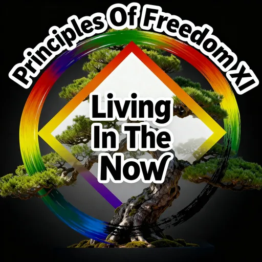Prompt: Logo with Principles Of Freedom XI in bold black letters outlined in white  outside the logo at the top and Living In The Now in bold black letters outlined in white in the middle of the logo.