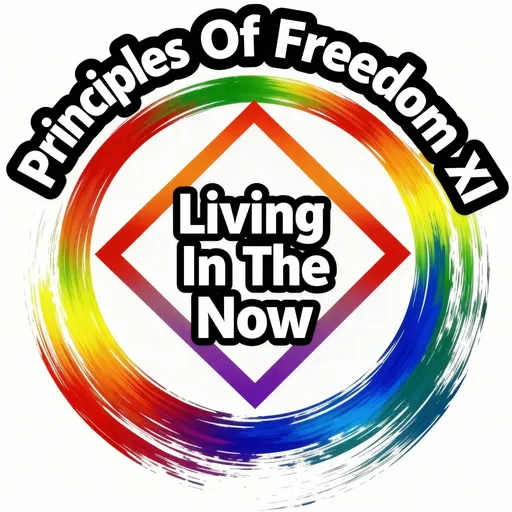 Prompt: Logo with Principles Of Freedom XI in bold black letters outlined in white arched outside the logo at the top and Living In The Now in bold black letters outlined in white in the middle of the logo.