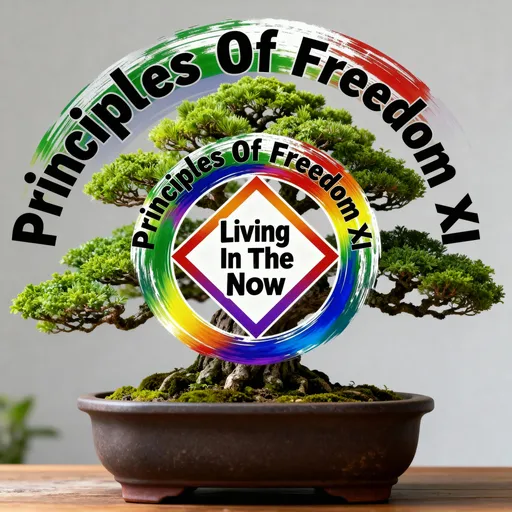 Prompt: Logo with Principles Of Freedom XI in bold black letters arching at the top of the logo and Living In The Now in bold black letters in the middle of the logo with a bonsai tree in the background of the logo.
