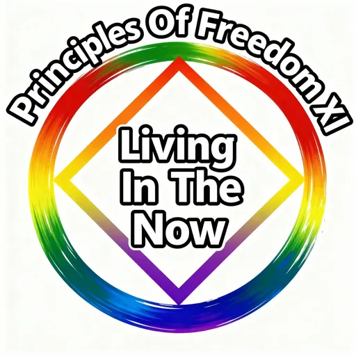 Prompt: Logo with Principles Of Freedom XI in bold black letters outlined in white arched outside the logo at the top and Living In The Now in bold black letters outlined in white in the middle of the logo.