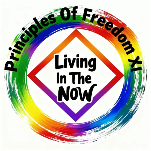 Prompt: Logo with Principles Of Freedom XI in bold black letters arching at the top of the logo and Living In The Now in bold black letters in the middle of the logo.