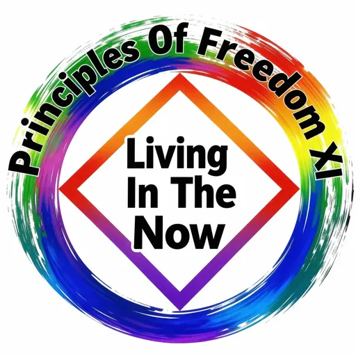 Prompt: Logo with Principles Of Freedom XI in bold black letters arching at the top of the logo and Living In The Now in bold black letters in the middle of the logo.