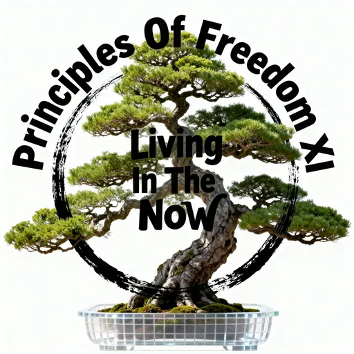 Prompt: Logo with Principles Of Freedom XI in bold black letters arching at the top of the logo and Living In The Now in bold black letters in the middle of the logo. Transparent bonsai tree in the background of the logo.