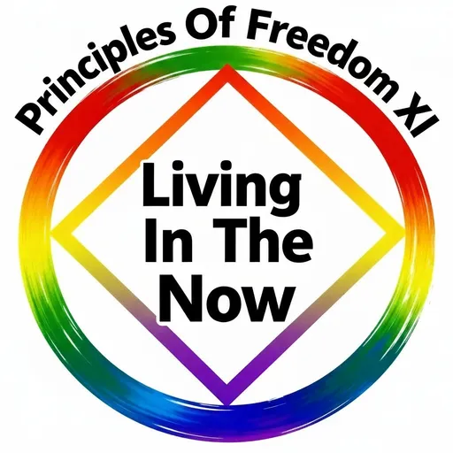 Prompt: Logo with Principles Of Freedom XI in bold black letters outlined in white arched outside the logo at the top and Living In The Now in bold black letters outlined in white in the middle of the logo.