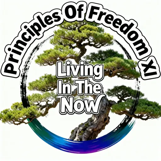 Prompt: Logo with Principles Of Freedom XI in bold black letters outlined in white arched outside the logo at the top and Living In The Now in bold black letters outlined in white in the middle of the logo.