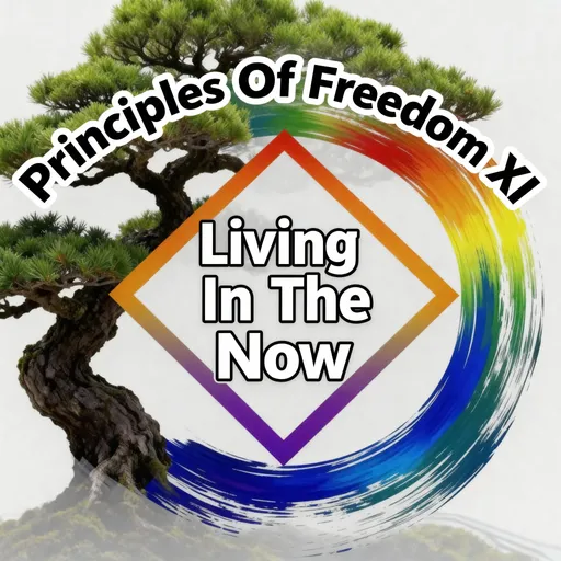 Prompt: Logo with Principles Of Freedom XI in bold black letters outlined in white arched outside the logo at the top and Living In The Now in bold black letters outlined in white in the middle of the logo.
