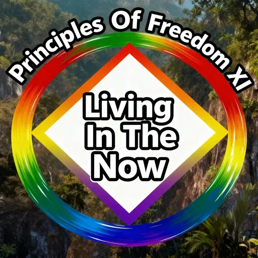 Prompt: Logo with Principles Of Freedom XI in bold black letters outlined in white  outside the logo at the top and Living In The Now in bold black letters outlined in white in the middle of the logo.