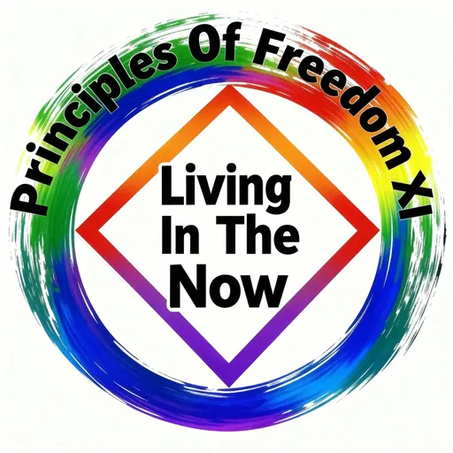 Prompt: Logo with Principles Of Freedom XI in bold black letters arching at the top of the logo and Living In The Now in bold black letters in the middle of the logo.