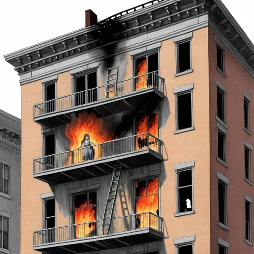 Prompt: a drawing of a young girl in the window on the third story of a 3 story building where the first and second floor are on fire with firefighters ready to catch her