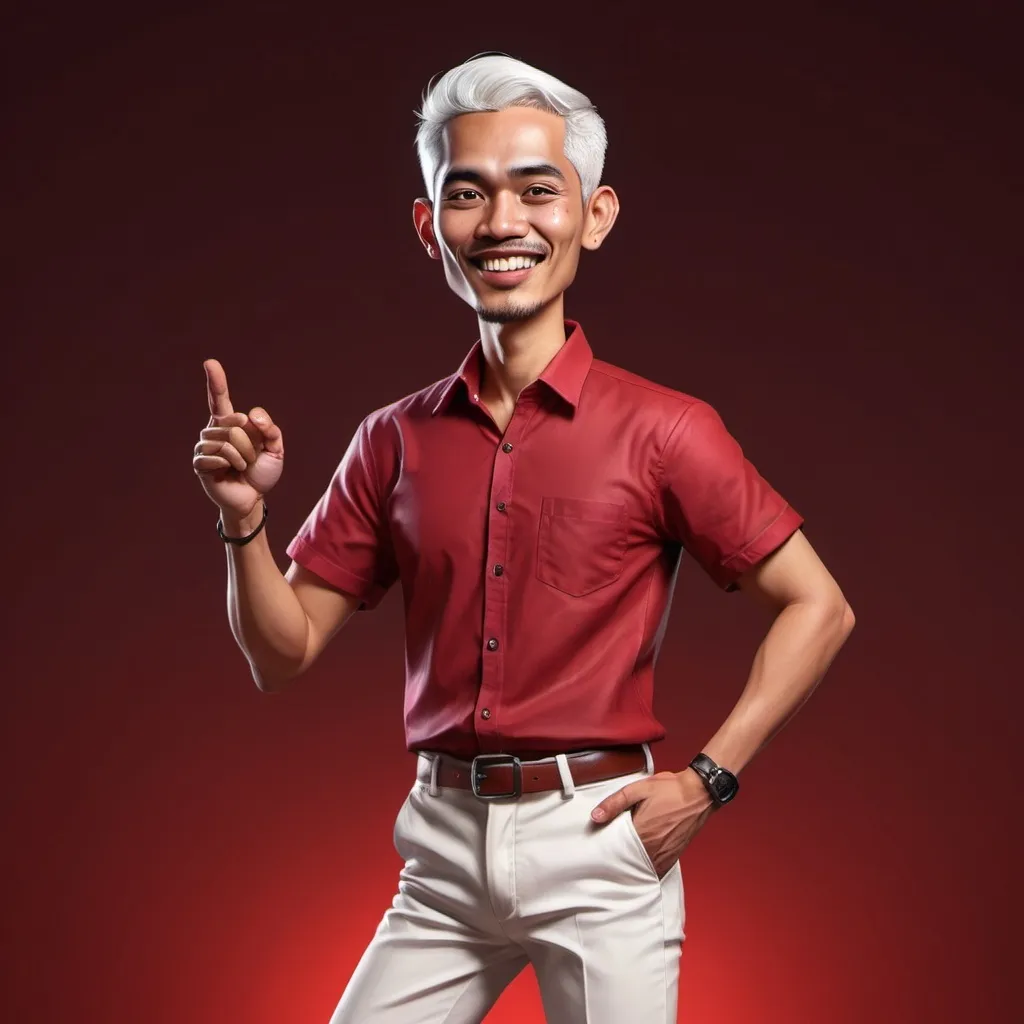 Prompt: Realistic 4D caricature of Indonesian man aged 30 years old, thin body,tall,, wearing plain shirt red color,white hair, formal trousers, loafers, standing  with rock and roll pose, dark red gradient background