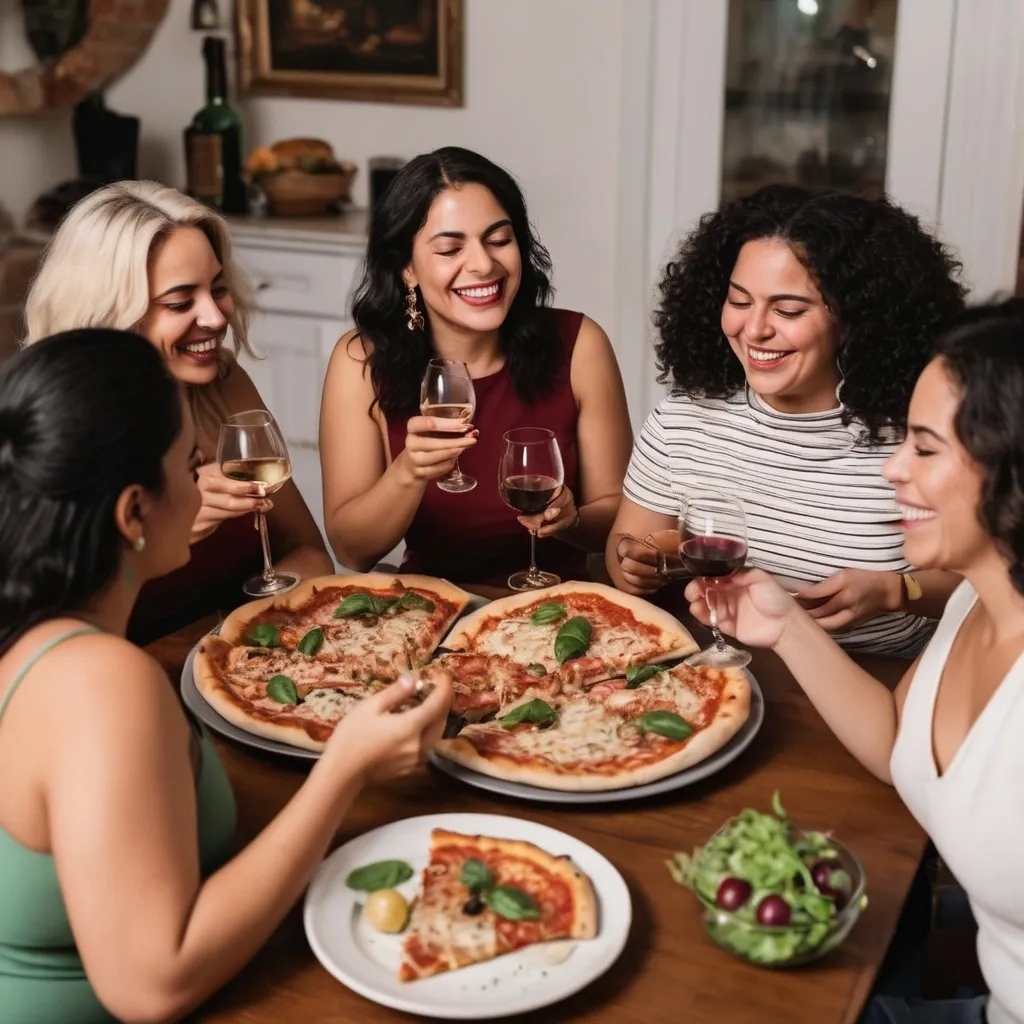 Prompt: Grupo de mujeres (6 mujeres raza latina que se vean sus perfiles pero que el primer plano sea la cena) en una cena donde se ve la comida (pizzas y ensalada) tambien compartiendo risas, vino, platicas, que se vea la mesa, la comida, manos pasandose el pan o la pizza que este en la mesa llena de comida que se vea que llevan rato comiendo y pasandola bien, copas llenas de vino, platicas, todas pasando un buen rato. 