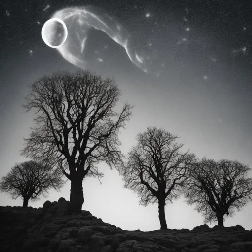 Prompt: The elder trees having a secret meeting in the light of the full moon while a comet is hurtling towards the earth. 