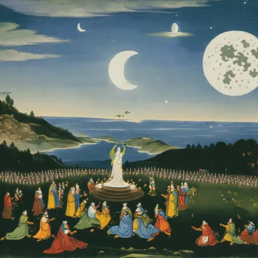 Prompt: Landscape picture of the goddess of the moon raising an army of moon zombies
