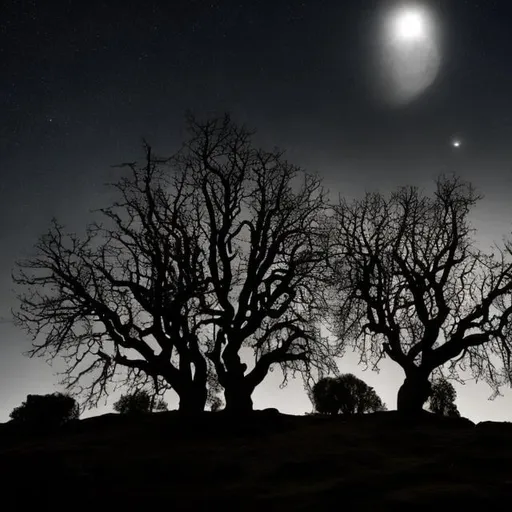 Prompt: The elder trees having a secret meeting in the light of the full moon while a comet is hurtling towards the earth. 