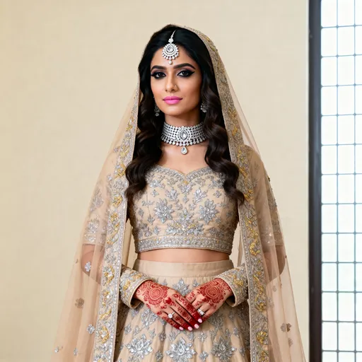 Prompt: This is a photograph of a woman standing indoors, dressed in traditional bridal attire. She is centered in the image, facing forward with a calm and composed expression. She wears an intricately embroidered, beige-colored lehenga (a type of traditional South Asian dress) with detailed silver and gold patterns covering the entire garment. Her dupatta (a veil) is draped over her head and shoulders, matching the beige color of her lehenga. She has dark, wavy hair partially covered by the dupatta, and her makeup is subtle yet elegant, featuring dark eyeliner and soft pink lipstick. She wears a large, ornate maang tikka (a forehead ornament) and a choker-style necklace, both adorned with silver and gemstone details. Her hands are delicately folded in front of her, with her fingers adorned with red henna designs and small, silver rings. The background is simple, with a cream-colored wall and a tall window on the right side, allowing natural light to softly illuminate the scene. The window has a grid pattern, adding a subtle geometric element to the otherwise minimalistic setting. The overall composition emphasizes the elegance and traditional beauty of the bridal outfit and the woman's poised demeanor.