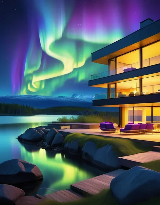 Prompt: "Generate a serene and enchanting scene of a luxurious, modern, waterfront house with warm, golden-yellow lighting emanating from within, illuminating the surrounding landscape. The sky above is a deep shade of indigo, with vibrant, swirling Northern Lights (Aurora Borealis) dancing across the horizon in shimmering curtains of green, blue, and purple.

Scattered throughout the sky are numerous, twinkling stars (☆) and a delicate, crescent-shaped new moon, casting a gentle, silvery glow across the water. The house's reflection is perfectly mirrored in the calm, glassy lake, creating an illusion of perfect symmetry.

Style: Realistic, cinematic, and dreamlike, with an emphasis on capturing the magic and tranquility of the scene. Color palette: Warm golden yellows, deep indigos, and vibrant Northern Lights hues, with touches of silvery moonlight and stars."