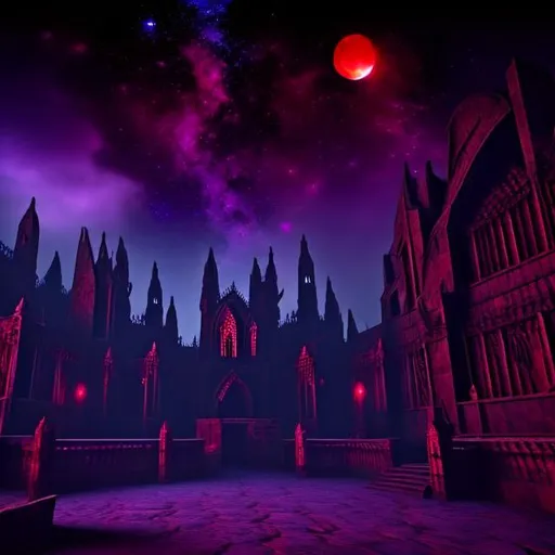 Prompt: stone gothic underworld city red moon purple blue sky with stars