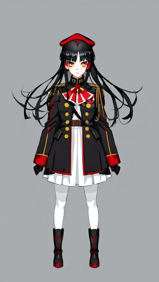 Prompt: High-resolution anime illustration of a girl in military uniform, black hair, red military cap, white stockings and skirt, yellow eyes, professional digital art, anime, cool tones, military style, detailed eyes, sleek design, best quality, highres, ultra-detailed