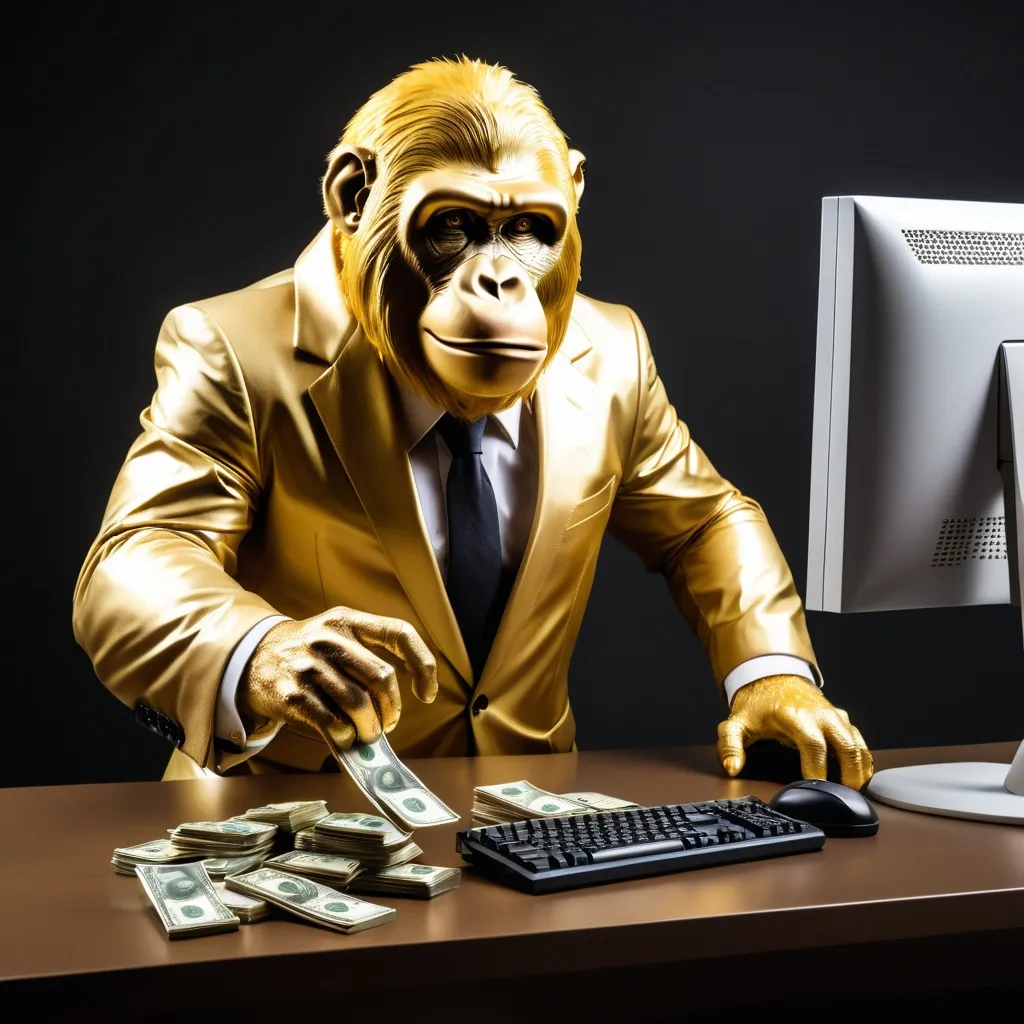 Prompt: Golden Ape in a suit play with money in front a pc 