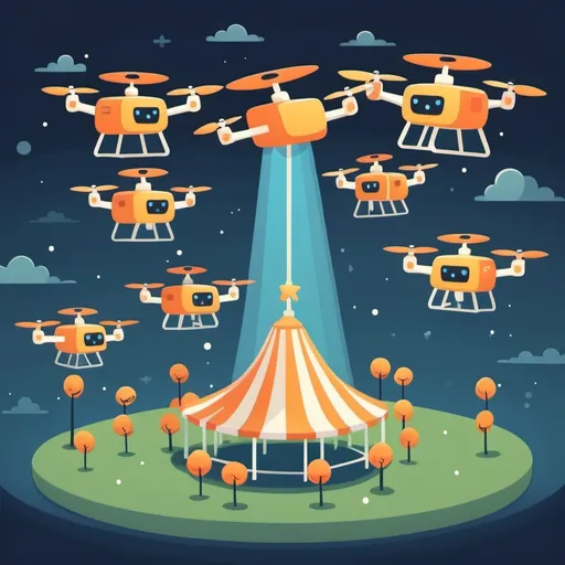 Prompt: a cute cartoon style depiction of an aerial drone show