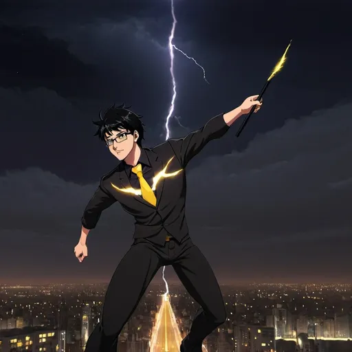 Prompt: Anime man, 30 years old, Jett black hair, glasses, kind eyes, wielding lightning from a conductor’s baton, wearing a black suit, with maroon dress shirt and yellow tie underneath the suit. His eyes are kind but his facial expression is intense. He is standing on a roof top of a tall building under a dark night sky. 