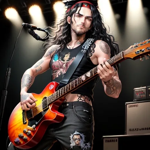 Prompt: (detailed Anime illustration), Anime (detailed illustration), )a metal lead singer guitarist), guy with (long curly messy black hair), stubbled face, in his early 30s, on a stage with instruments, holding red electric guitar, (brown eyes), has piercings, tattoos, wearing (casual pants) headband and a tanktop, soft shadows, focused on character, (highly detailed), vibrant colors, (4K resolution).