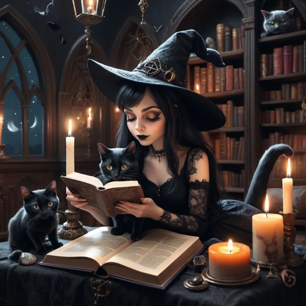 Prompt: (gothic cute witch petting (black cat)), reading a magic book, (realism style), enchanting atmosphere, cool color scheme, rich textures, mystical elements, (intricate details), softly glowing candles, surrounded by arcane symbols, moonlit background, whimsical book pages fluttering, (highly detailed), bringing a sense of charm and mystery.