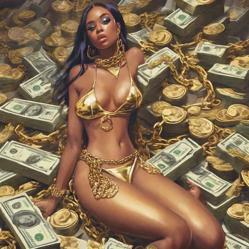 Prompt: Hip hop cars , girls in bikinis piles of money on the floor , gold chains and diamonds 