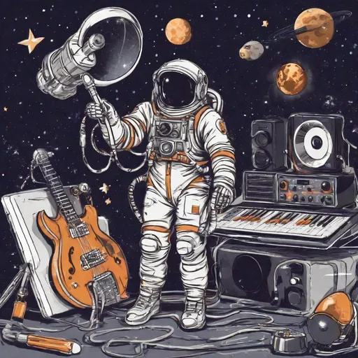 Prompt: Drill and stars of the galaxy with a astronaut with music studio equipment