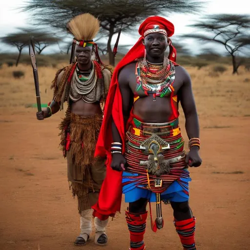 Prompt: African warrior in Kenyan flag colors outfit, and maasai style 