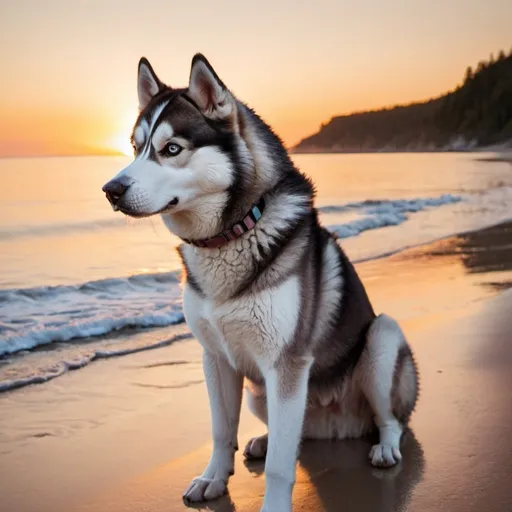 Prompt: a husky on a beach while sunset
