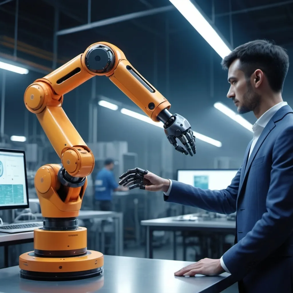 Prompt: manufacturing collaborative robot arm with a human standing besides it