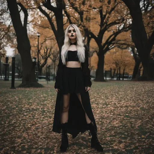 Prompt: ((RAW, analog style)), \"subject\", ((film grain, skin details, high detailed skin texture, 8k hdr, dslr)), a ((18 year old goth, alternativ, blond girl standing,)) in ((in city park on grass)) full body