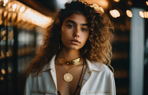 Prompt: ((RAW, analog style)), \"subject\", ((film grain, skin details, high detailed skin texture, 8k hdr, dslr)), The photo shows an 18-year-old girl of average height, with long curly hair, her face is beautiful without blemishes. She wearing a choker and a gold watch on her right hand. She is smiling, full of energy, radiant. She is standing in the garden among beautiful flowers, it is colorful, full body