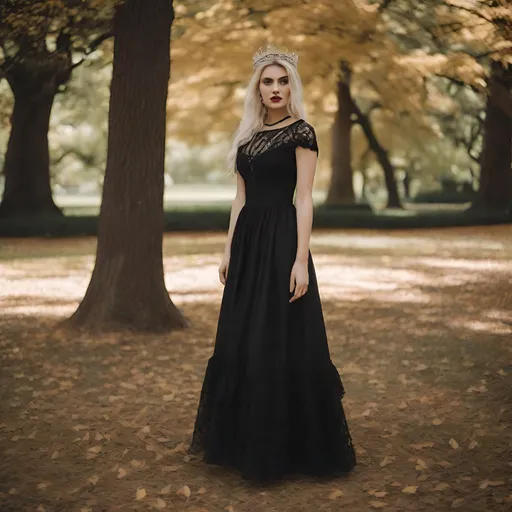 Prompt: ((RAW, analog style)), \"subject\", ((film grain, skin details, high detailed skin texture, 8k hdr, dslr)), a ((18 year old goth, blond girl standing, long dresses, princes)) in ((in park on a picnic)) full body