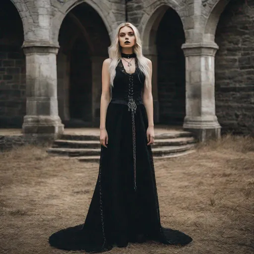 Prompt: ((RAW, analog style)), \"subject\", ((film grain, skin details, high detailed skin texture, 8k hdr, dslr)), a ((18 year old goth,  blond girl standing, long dresses, choker)) in ((castle)) full body