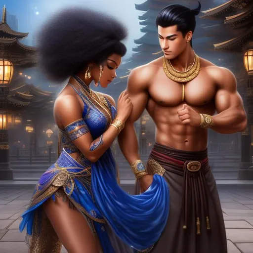 Prompt: A handsome man, and muscular, fit,  Japanese, raced young man with  black straight hair and dressed in traditional Japanese clothing standing with a beautiful black African woman with dark brown skin, dressed in traditional African style, with an ancient city background behind her4k ultra high res Luis Royo Amy Sol Style 