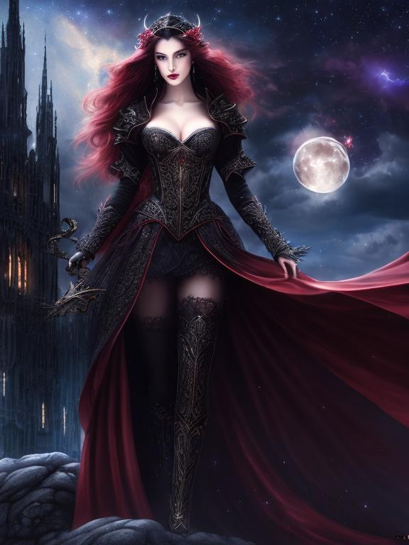 Prompt: 4k ultra high res, highly detailed, a pale white skinned beautiful woman, well defined young and aristocratic faced,   powerful vampire with long scarlet robe , standing in front of a towering castle,  her hands holding a ball of lightening, full body facing the viewer, Luis Royo, Amy Sol style,  with large bright moon and night sky with stars and fluffy clouds 