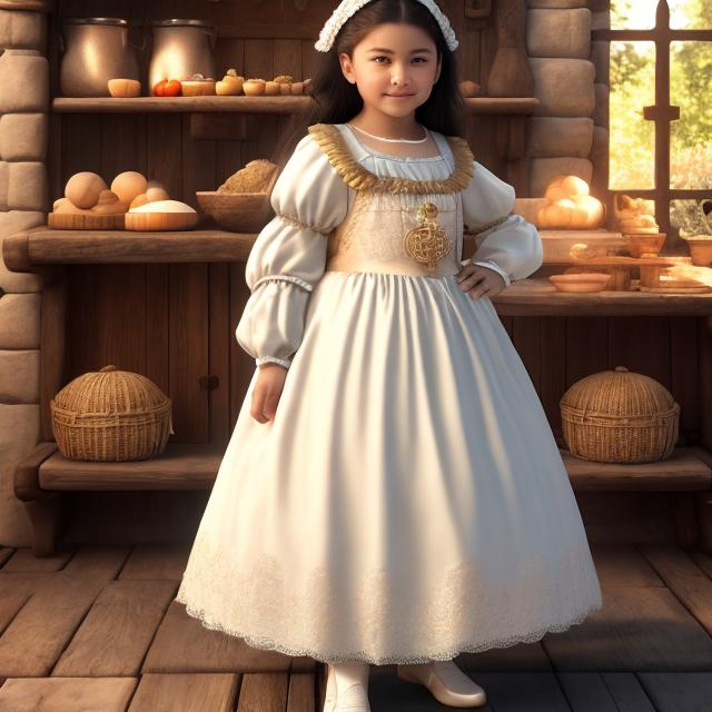 Prompt: A 4k highres full body  highly detailed with  a Luis Royo and Amy sol style, image of a medieval overweight 10 year old girl, with a round shaped face and full cheeks, with pale light skin, with light blonde hair, she is dressed in a simple medieval dress, standing in a medieval bakery