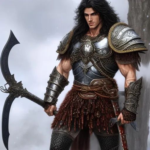 Prompt: Realistic full body male warrior character in Luis Royo, Amy Sol style, strong and muscular, long black hair, piercing blue eyes, wearing breastplate, chain mail pants, armored boots, holding a large axe, ready for battle, detailed armor, intense and focused gaze, high quality, realistic, detailed hair, muscular physique, warrior, Luis Royo, Amy Sol, armor details, intense expression, battle-ready, professional lighting