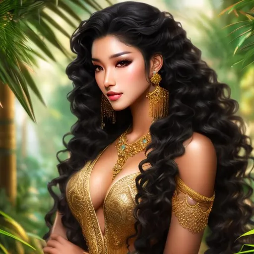 Prompt: A handsome and fit mixed African and Asian raced young man with  black wavy hair and dark brown skin with large brown eyes  dressed in traditional Korean clothing standing with a jungle background behind her4k ultra high res Luis Royo Amy Sol Style 