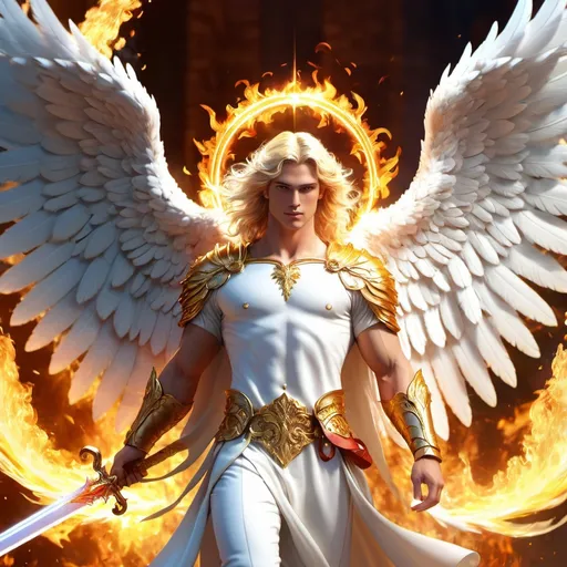 Prompt: 4k ultra high definition a handsome male angel with white wings and golden hair and a flaming sword.  ethereal fantasy hyperdetailed Hyperrealistic, mid shot, intricately detailed, color depth, dramatic, light, colorful background 