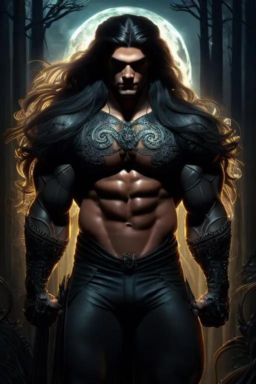 Prompt: 4k ultra res higly detailed image of a powerful muscled built man with long hair, dressed in black clothing, wielding a intricately detailed dagger, in a Luis Royo, Amy Sol style, neon color scheme, detailed facial structure, full body rendering, highres, detailed, powerful, artistic, powerful, high res lighting standing in a forest with a moonlight background