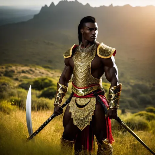 Prompt: A handsome warrior man, a muscular, fit, African, raced young man with straight hair, and dressed in traditional African armor,  style, holding a short sword, ready for battle, with an aggressive stance, with a green hill background behind him 4k ultra high res Luis Royo Amy Sol Style 