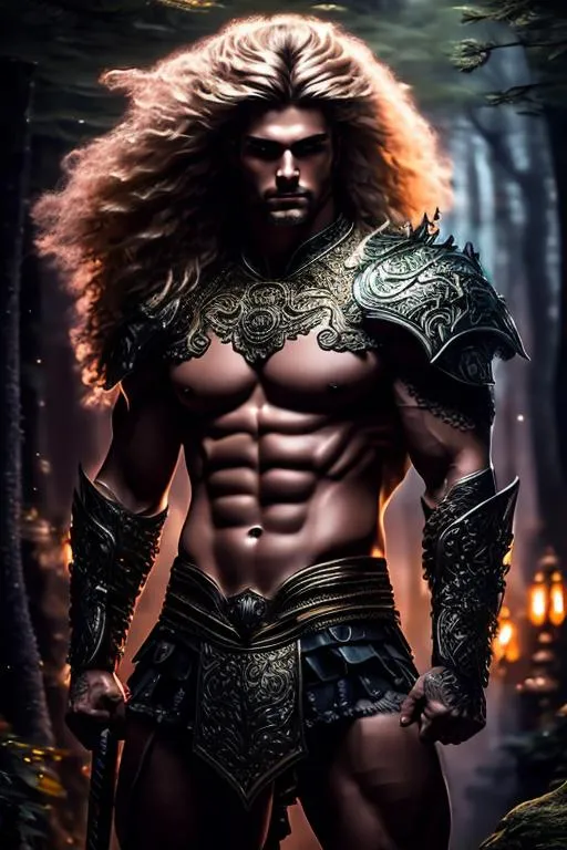 Prompt: 4k ultra res higly detailed image of a powerful muscled built warrior man with long light blonde hair, wielding a intricately detailed dagger, in a Luis Royo, Amy Sol style, neon color scheme, detailed facial structure, full body rendering, ready for battle, highres, detailed, powerful, barbarian, warrior, artistic, powerful, intense lighting standing in a forest with a moonlight background